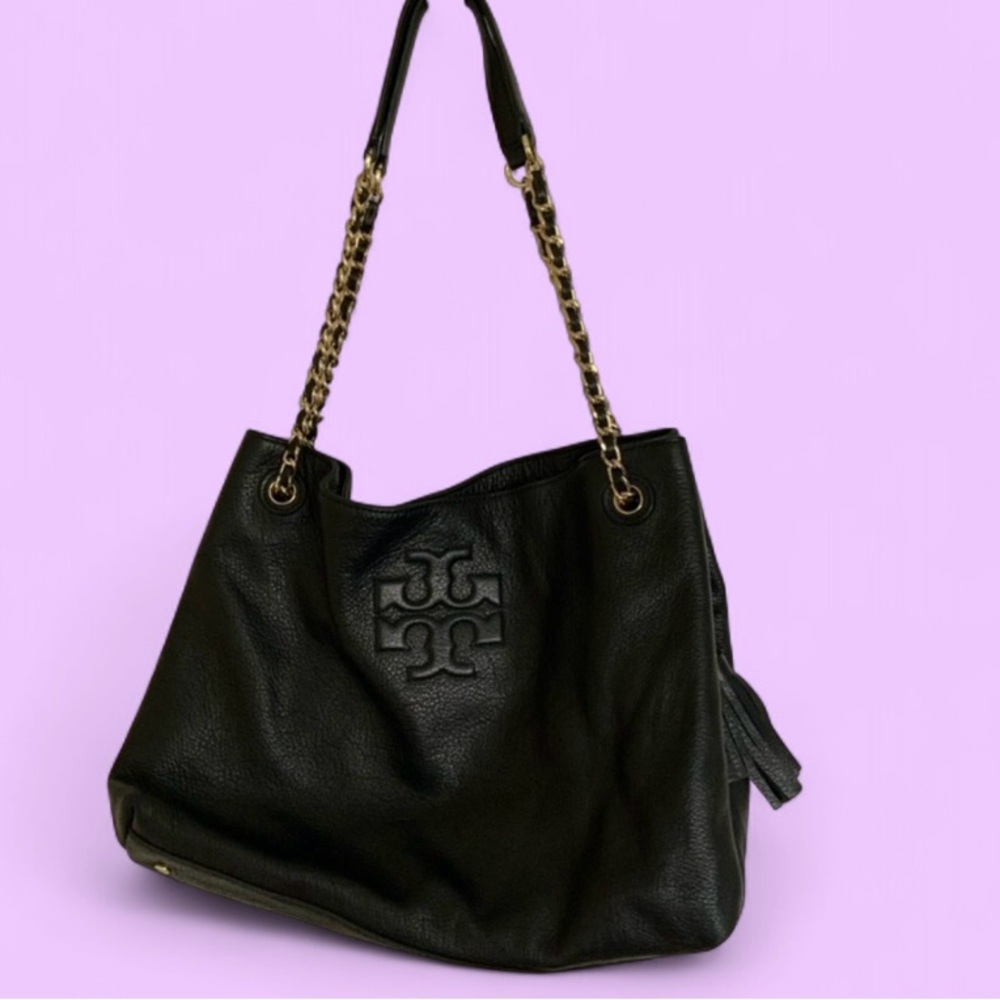 Tory Burch Black Leather Chain Tote Bag